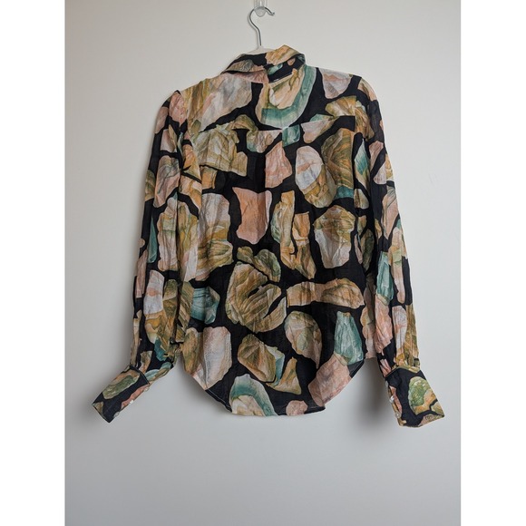 Luxxel Womens S Black Abstract Floral Button Down Button Cuff Long Sleeve Blouse - Picture 6 of 9